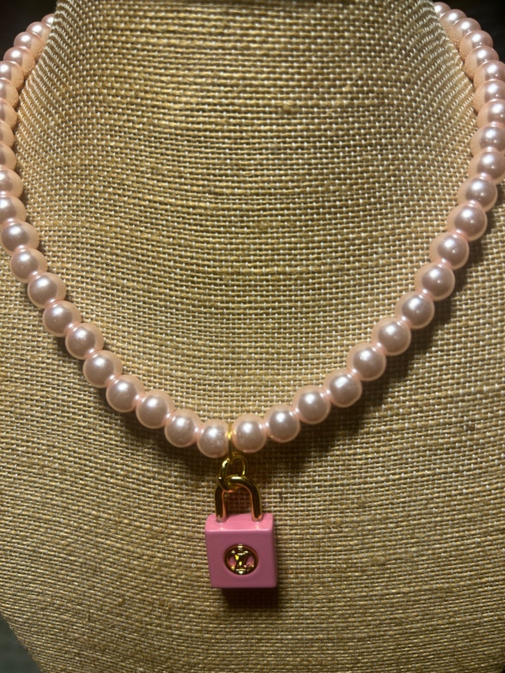 Pink Pearl Beaded Necklace with Pink Padlock Charm, bracelet & knob earrings